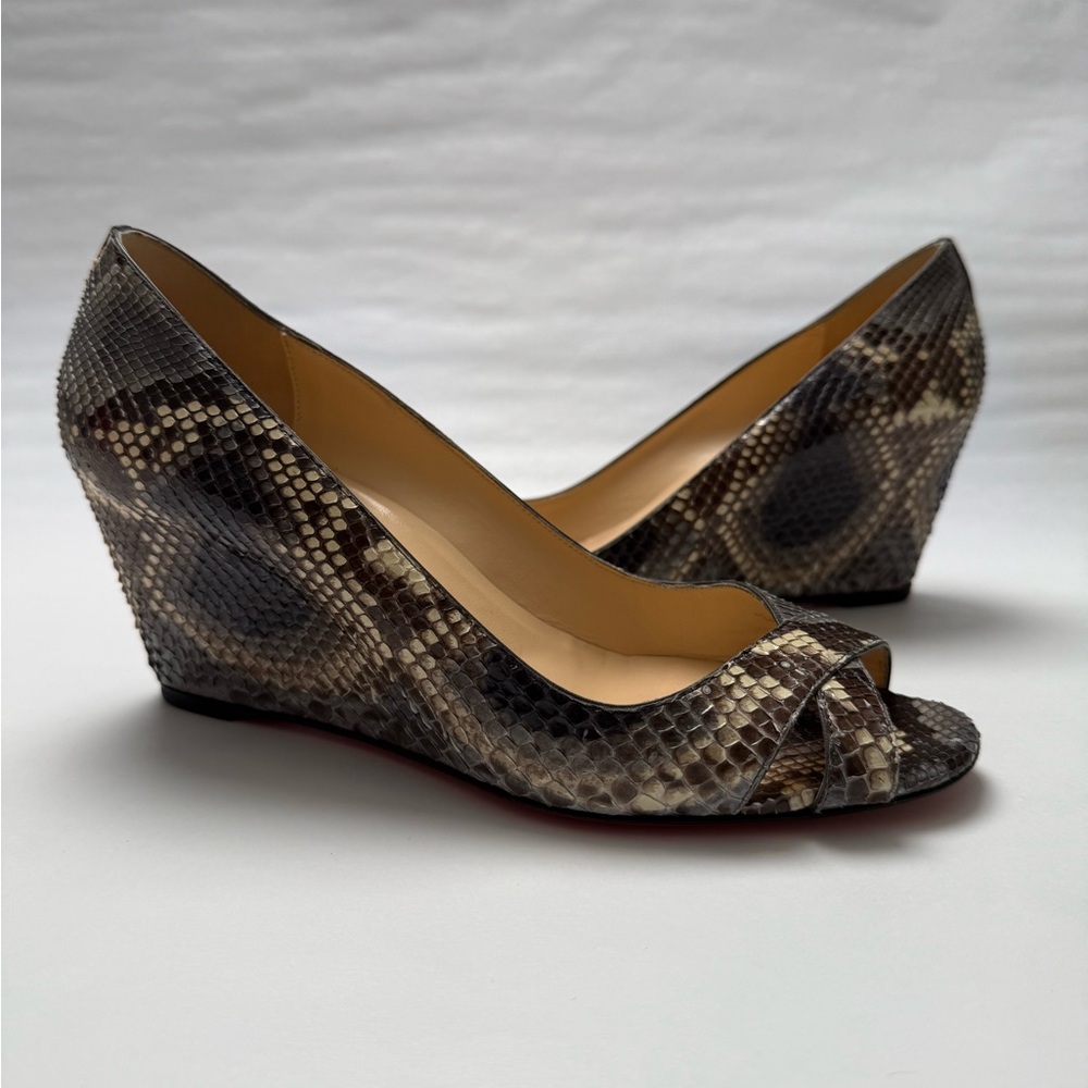 Louboutin Riveto 70 Snakeskin Peep Toe Wedge Shoes